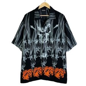 ODO Black Skull Flame Dragon Tribal Button Up Shirt XL Retro Streetwear